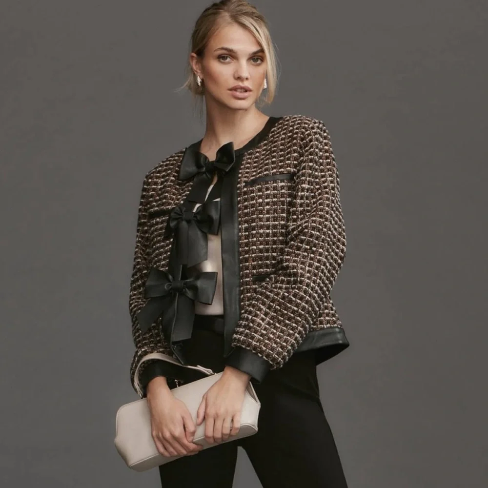 Anthropologie Tweed Vegan Leather Trimmed Jacket with bows (L) - Picture 2 of 6